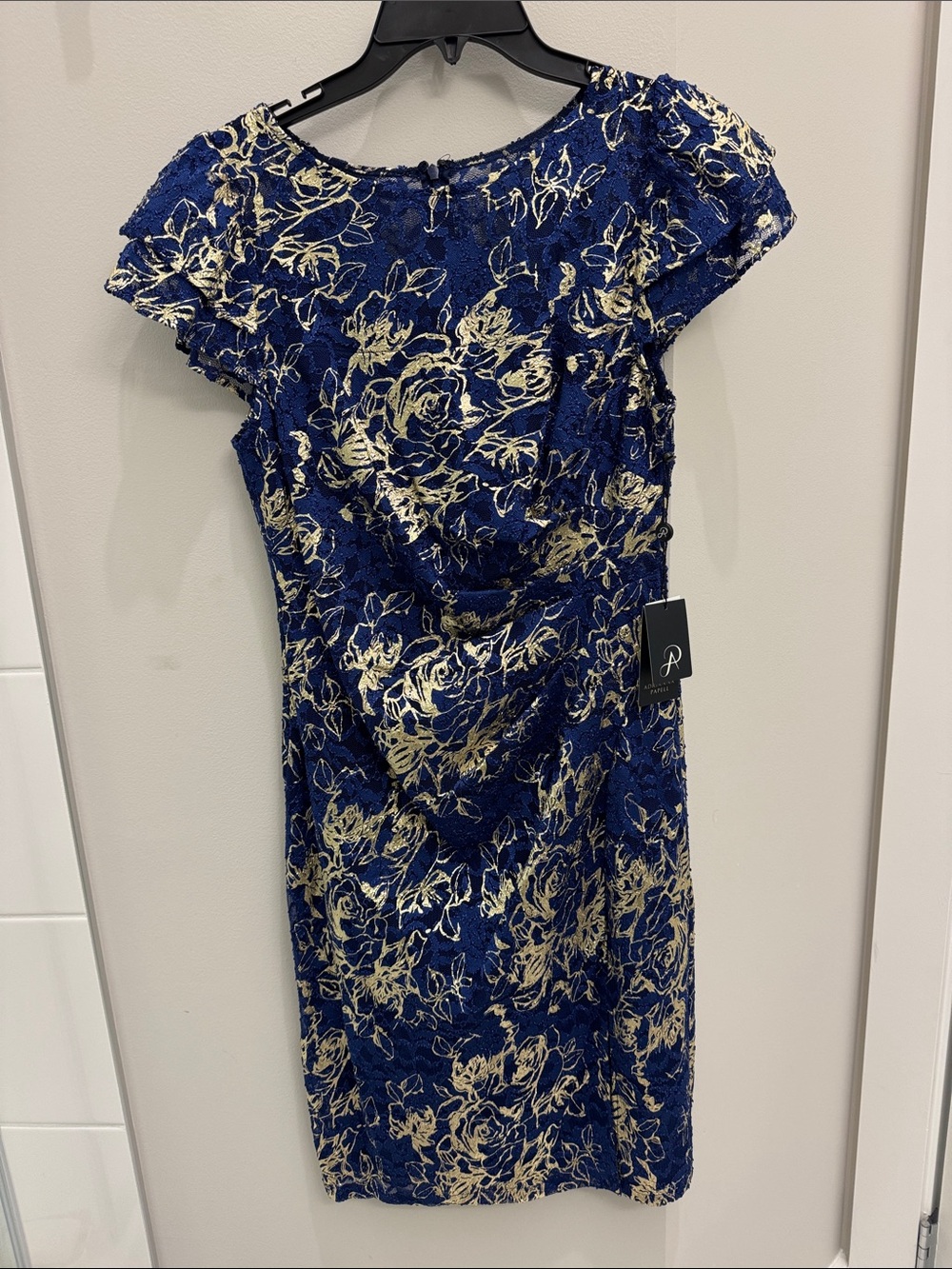 Adrianna Papell Navy & Gold Floral Lace Sheath Dress